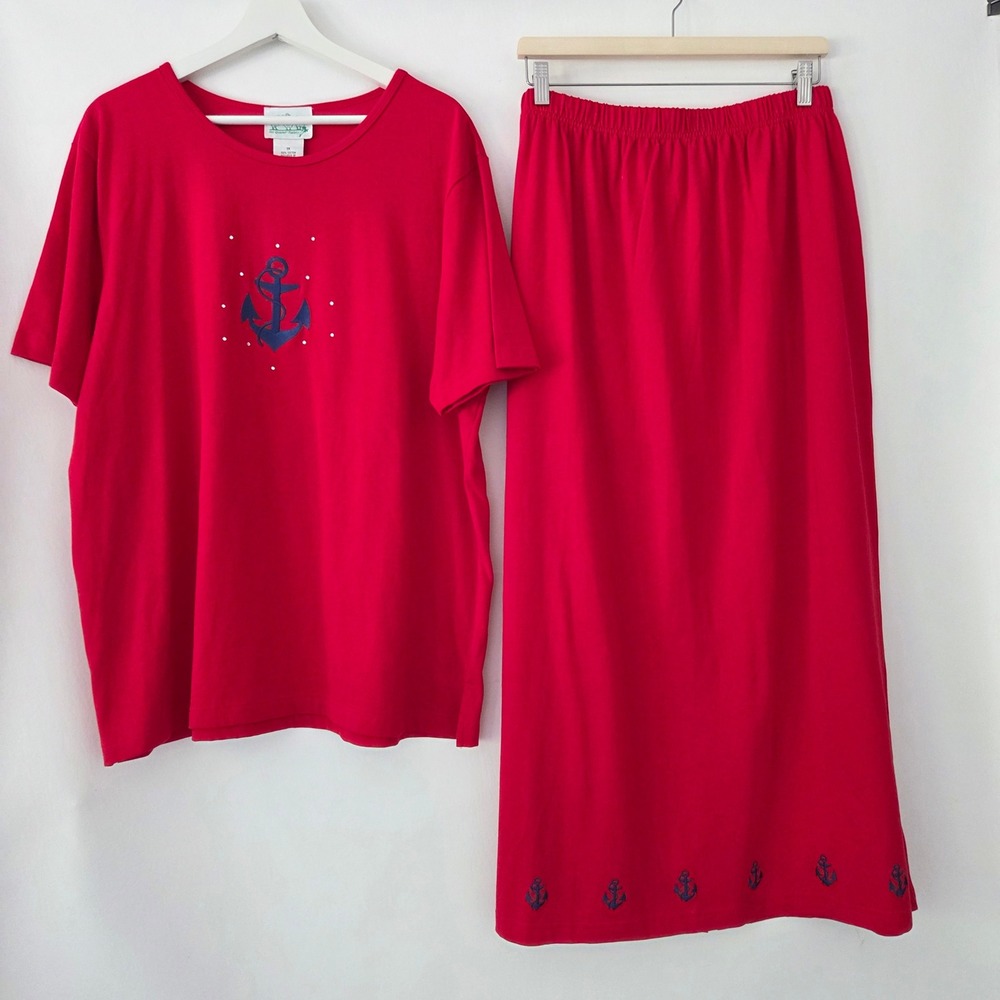 Quacker Factory Skirt Set Red Anchor Embroidered Nautical Women 1X